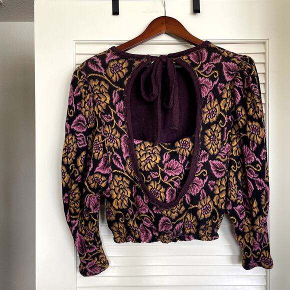 Free People No Ordinary Top Floral Cropped Puff Sleeve Sweater Size Small - Picture 3 of 9